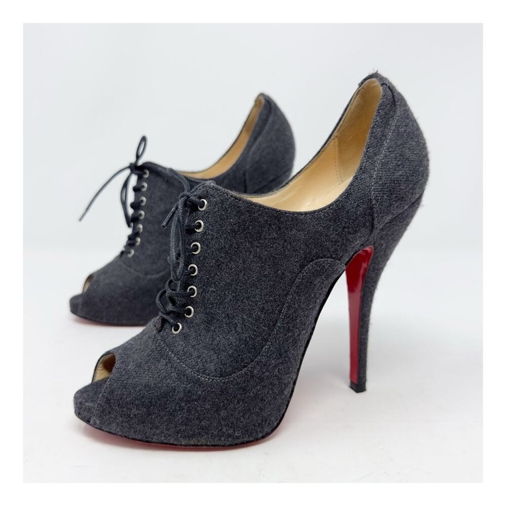 Christian Louboutin Lady Derby Flannel Lace-Up Peep Toe Heels Womens Size EU 37